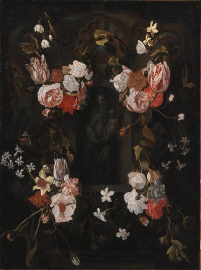 A Stone Cartouche with Virgin Mary and the Infant Christ in a Niche Encircled by a Garland of Flowers by Ubekendt flamsk 1600 tallet