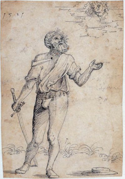 Bearded man with a sword, looking up at a face in the clouds by Ubekendt tysk beg. af 1500 tallet