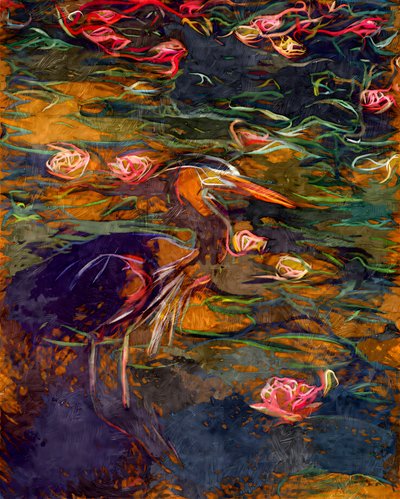 Heron Among Water Lilies by Uma Gokhale
