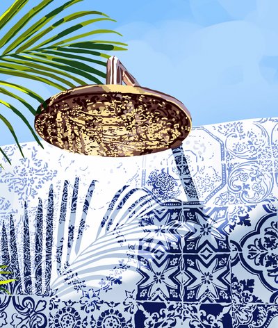 Outdoor Shower Blue Tiles by Uma Gokhale