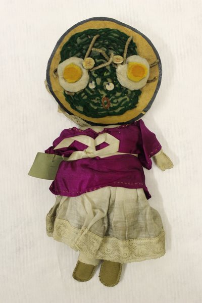 Miss Spinach rag doll, head in the shape of a plate of spinach and eggs by Una Maw