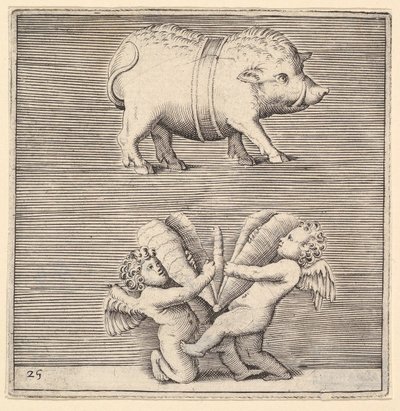 A Belted Pig and Two Cupids or Geniuses with a Butterfly or Moth by Unbekannt