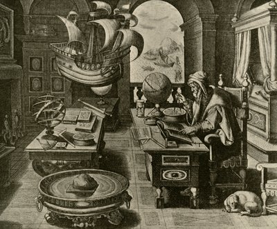 A Navigating Expert at Work in His Study with Globe and Compass by Unbekannt