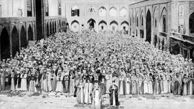 A congregation faces the holy Kaaba in Mecca