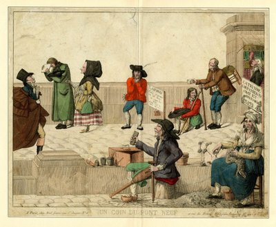 A corner of Pont Neuf, Paris, with lame beggars and street vendors, ca. 1813 by Unbekannt