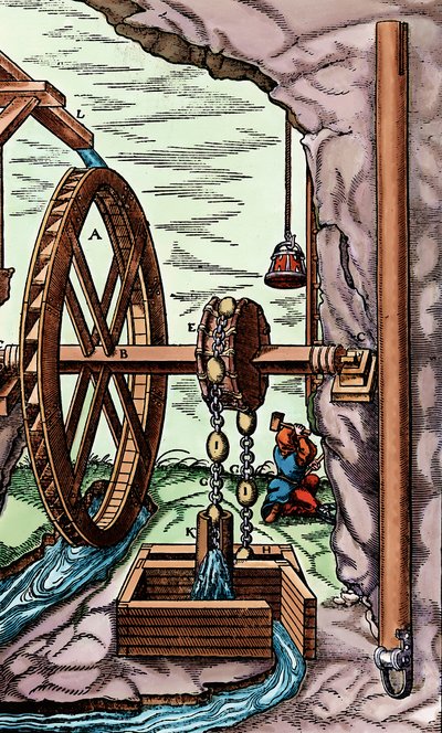 A mine being drained by a rag-and-chain pump powered by an overshot water wheel, 1556 by Unbekannt