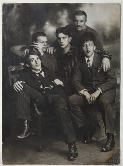 Aleksei Kruchenykh, David Burliuk, Vladimir Mayakovsky, Nikolai Burliuk and Benedikt Livshits, 1913 by Unbekannt