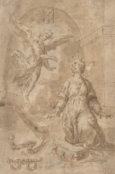 An Angel Appearing to Saint Catherine of Alexandria in Prison (recto), Volute (verso) by Unbekannt