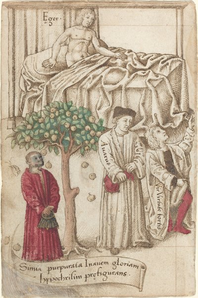 An Ape in Purple with a Sick Man, a Good Man, and a Miser by Unbekannt