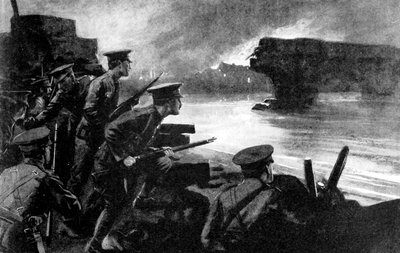 British troops on riverbank prepared for German advance, Belgium, First World War, 1914 by Unbekannt
