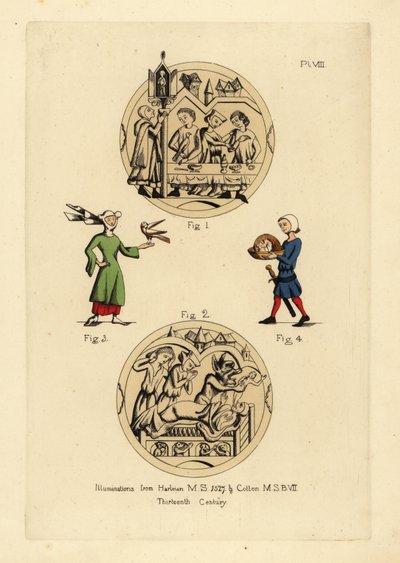Carouse with men in cyclas admonished by a man in a legal coiff and capuchon, deathbed scene with the Devil taking the soul of a man, woman in wimple and horned hat with cointose scarf and bird, executioner of John the Baptist with his head on a plate by Unbekannt