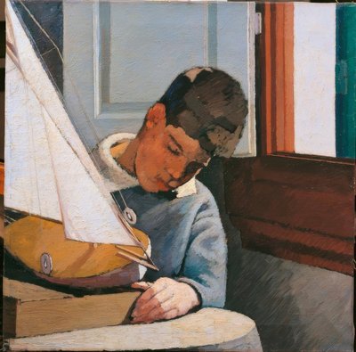 Child young boy son of the painter sitting at a table playing with a boat classical synthesis chromatic balance brush strokes full of light by Unbekannt