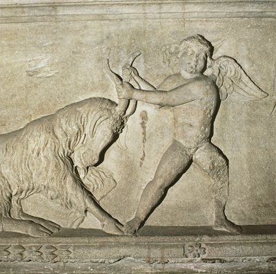 Detail from a Greek sarcophagus from Lydia, depicting a putto wrestling with a goat by Unbekannt