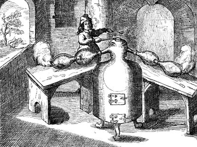 Distillation of Nitric Acid Aqua Fortis or Parting Acid in an Iron Man with Two Noses, 1689 by Unbekannt