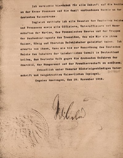 Document Confirming the Abdication of Kaiser Wilhelm II of Germany by Unbekannt