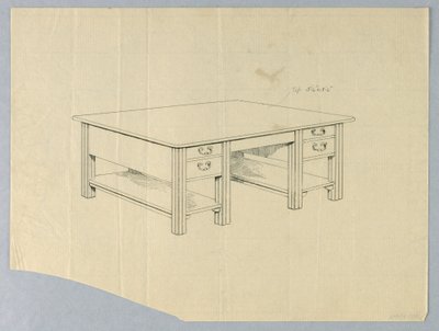 Drawing, Design for Massive Library Table with Square Fluted Legs and Open Stretcher Shelves by Unbekannt