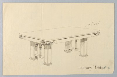 Drawing, Design for Rectangular Library Table #2 with Putti Faces Carved on Each of Rounded Corners by Unbekannt