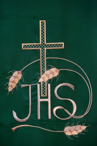 Embroidery in Maria SS, Assunta church: Jesus Christ christogram or monogram, Galatone, Italy by Unbekannt