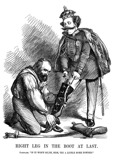 Giuseppe Garibaldi helping Victor Emmanuel II put on the boot of Italy by Unbekannt