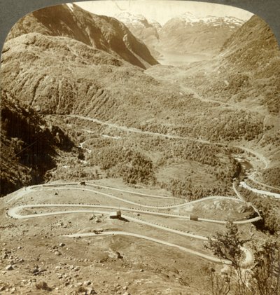Great Zigzag Loops of Road Descending from Dyreskard Pass - West to Roldal Lake, Norway, c1905 by Unbekannt