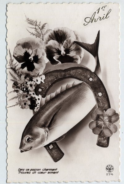 Greeting card for April 1st: a fish, a horseshoe, a four-leaf clover and thoughts - Postcard late 19th-20th century by Unbekannt