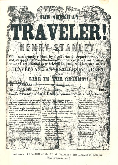 Henry M. Stanley, Handbill from Lecture Tour in America, At age 31 discovered Dr. Livingstone in Africa by Unbekannt