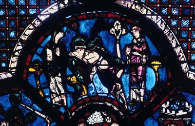 Injured pilgrim ignored by priest and Levite, stained glass, Chartres Cathedral, France by Unbekannt