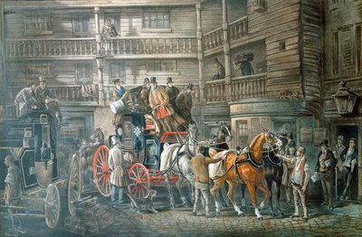 Inn yard with Mail Coach preparing to leave, c. 1840 by Unbekannt