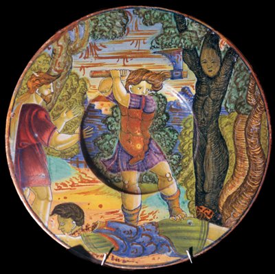 Italian earthenware plate, Erysichthon felling a tree in grove of Ceres, 16th century by Unbekannt