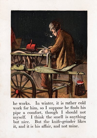 Itinerant knife grinder sharpening a blade by turning a grindwheel with a treadle by Unbekannt