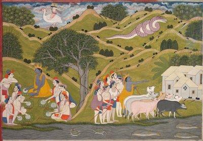 Krishna Returns with the Cowherds to Braj, from a Bhagavata Purana by Unbekannt Unbekannt