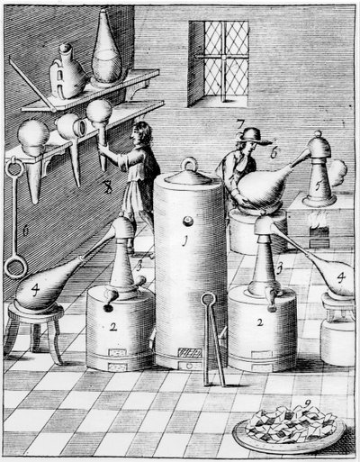 Laboratory for refining gold and silver, showing typical laboratory equipment by Unbekannt