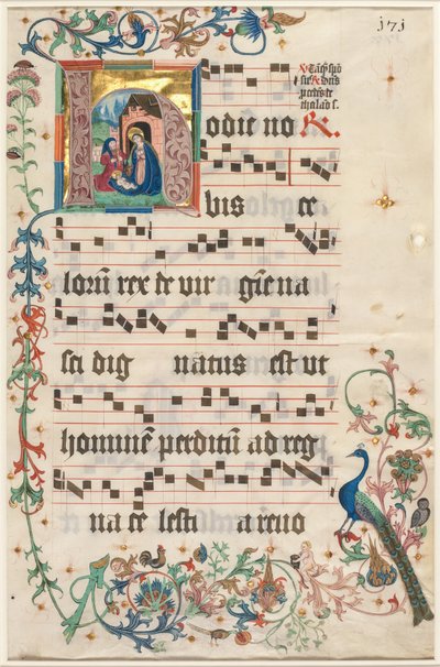 Leaf from an Antiphonary: Initial H with the Nativity (recto) by Unbekannt