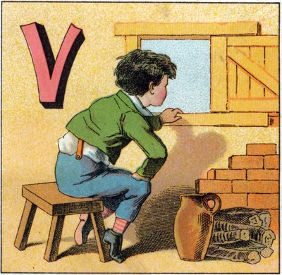 Letter V as vasistas. Curious child looking out of a window. Engraving in "Alphabet des petits ecoliers". Imaging of Epinal, circa 1885 by Unbekannt
