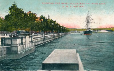 London, Thames Embankment - Showing the Naval Volunteer Training Ship, H.M.S. Buzzard by Unbekannt