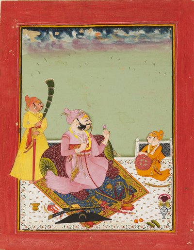 Maharao Ajit Singh on a terrace with son and attendant by Unbekannt