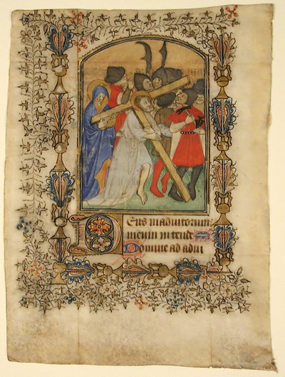 Manuscript Leaf from a Book of Hours... Illuminated Initial D and Christ Bearing the Cross by Unbekannt
