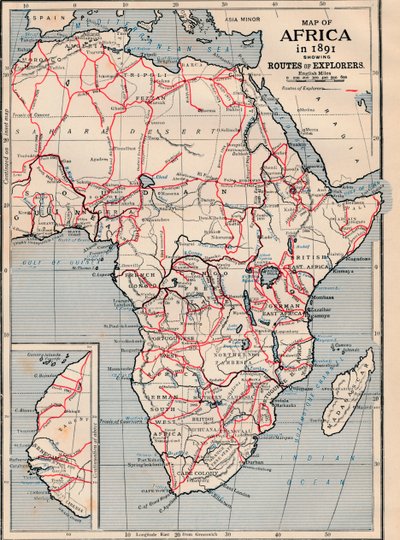 Map of Africa in 1891 showing Routes of Explorers by Unbekannt