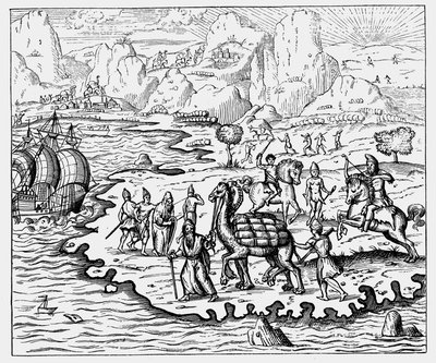 Merchants Transporting Goods to the Coast and a Waiting Vessel by Camel, 1575 by Unbekannt