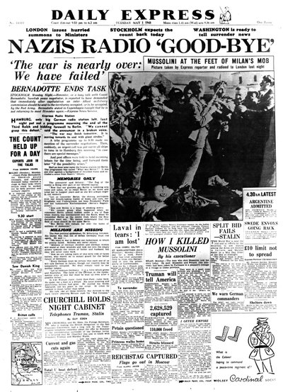 Nazis Radio Good-bye, front page of the Daily Express, 1 May 1945 by Unbekannt