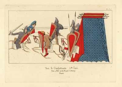 Norman cavalry in chainmail armour with swords, shields and lances in combat, with a military tent at right by Unbekannt