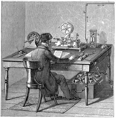 Operator sending a message on a Morse electric printing telegraph by Unbekannt