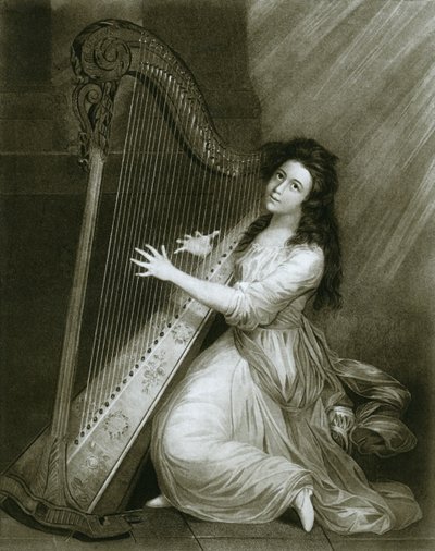 Pedal harp with hook action, coloured engraving from the end of the eighteenth century by Unbekannt