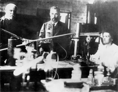 Pierre and Marie Curie, French scientists, at work in the laboratory by Unbekannt