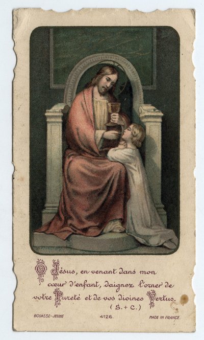 Pious image: Jesus gives the host to a young child - Image given for a first communion in 1931 by Unbekannt