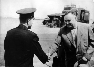 Russian cosmonaut Yuri Gagarin and rocket engineer Sergey Korolyov by Unbekannt