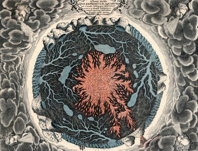 Sectional view of the Earth, showing central fire and underground canals linked to oceans, 1665 by Unbekannt