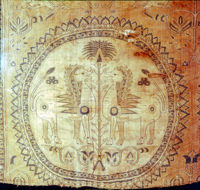 Silk Cloth with Lions and Palm Trees, Buk Kham Region, Central Asia, 8th-9th Century by Unbekannt