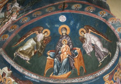 The Virgin Enthroned with Christ Emmanuel with Archangels Michael and Gabriel by Unbekannt