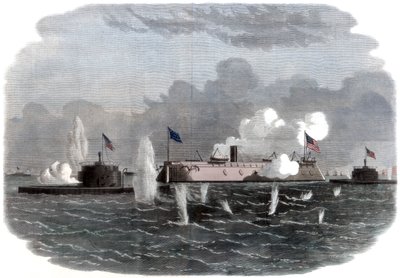 The Iron-Clad Frigate, New Ironsides, and Two Ericsson Batteries Going into Action at Charleston by Unbekannt